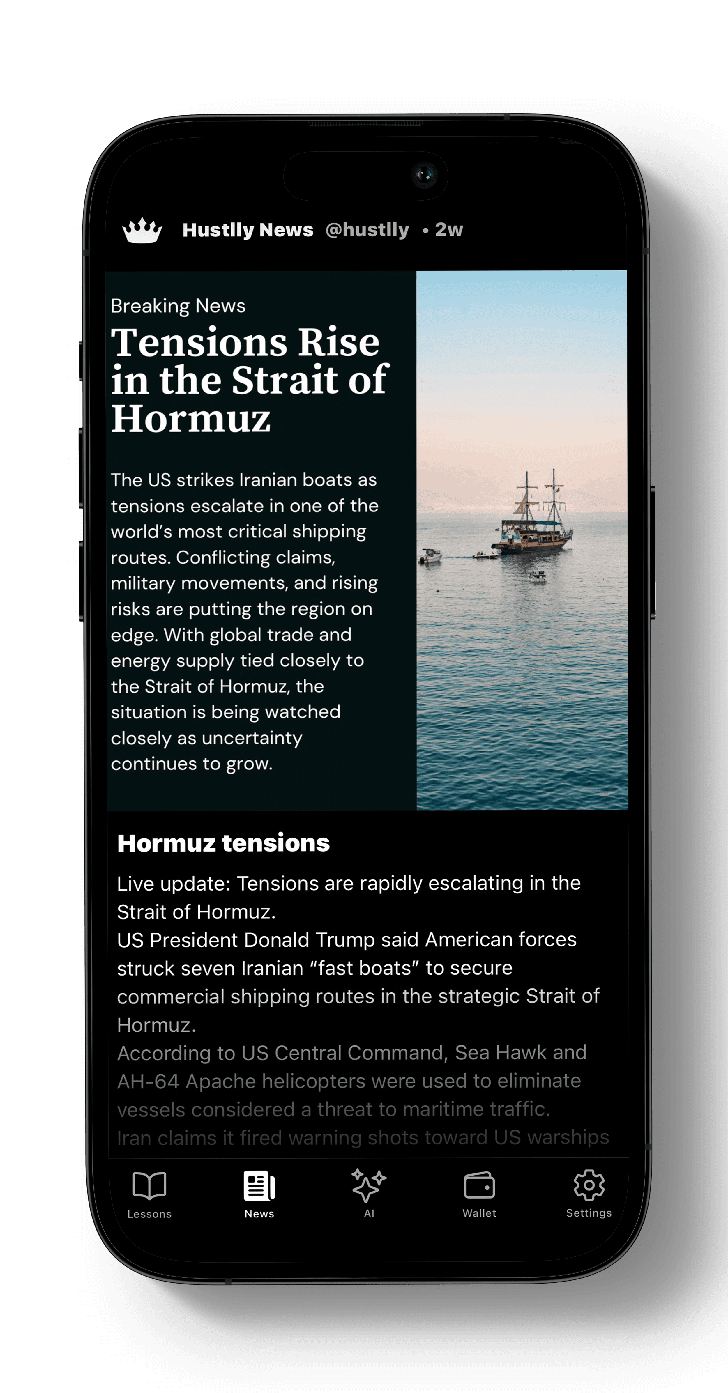 Hustlly news screen showing daily money and business insights